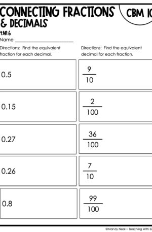 4th Grade Connecting Fractions and Decimals Intervention Assessment 10