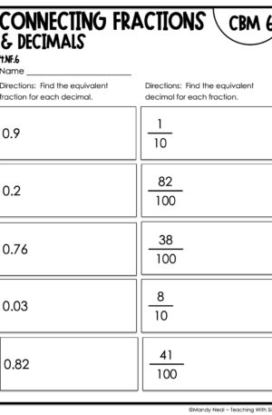 4th Grade Connecting Fractions and Decimals Intervention Assessment 6