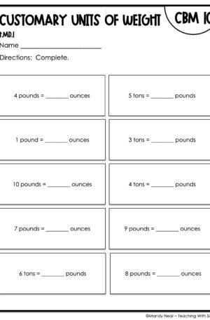 4th Grade Customary Units of Weight Intervention Assessment 10