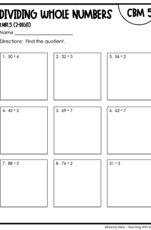 4th Grade Dividing Whole Numbers (2-Digit) Intervention Assessment 5