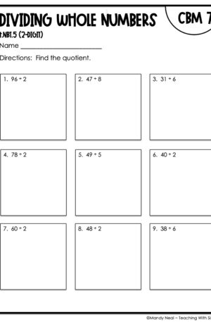 4th Grade Dividing Whole Numbers (2-Digit) Intervention Assessment 7