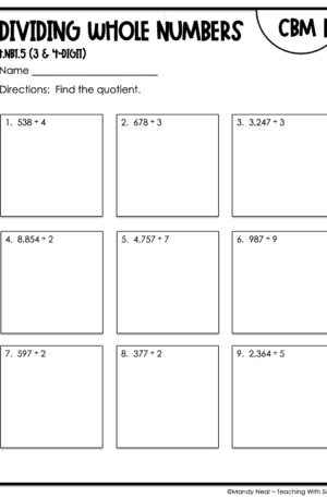 4th Grade Dividing Whole Numbers (3 & 4-Digit) Intervention Assessment 1