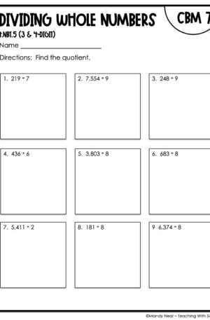 4th Grade Dividing Whole Numbers (3 & 4-Digit) Intervention Assessment 7