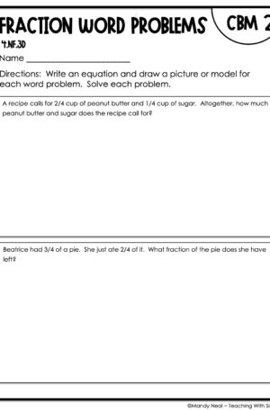 4th Grade Fraction Word Problems Intervention Assessment 2