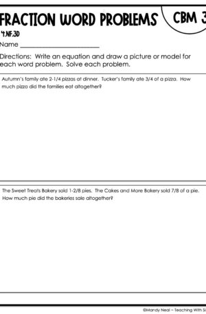 4th Grade Fraction Word Problems Intervention Assessment 3