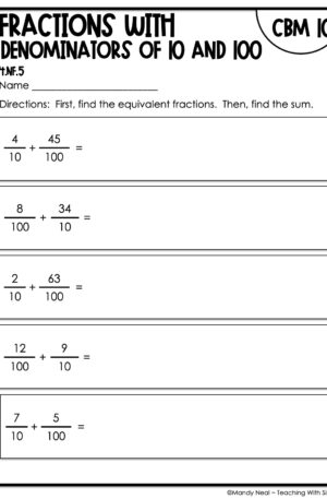 4th Grade Fractions with Denominators of 10 and 100 Intervention Assessment 10