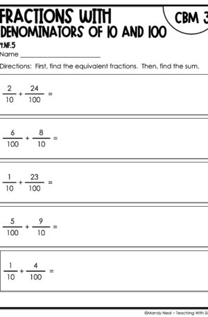 4th Grade Fractions with Denominators of 10 and 100 Intervention Assessment 3