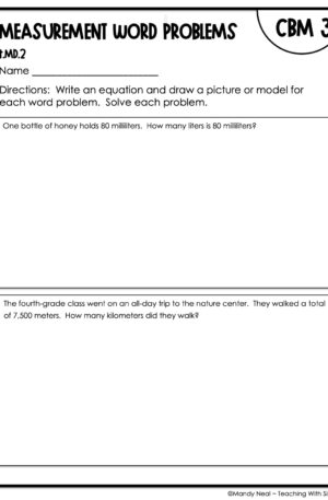 4th Grade Measurement Word Problems Intervention Assessment 3