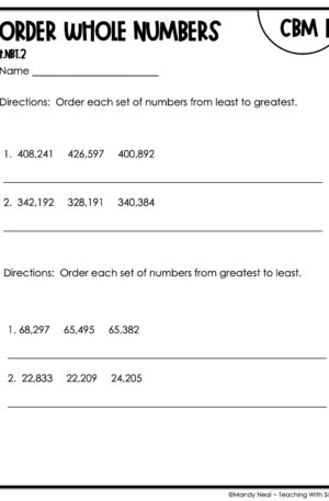 4th Grade Order Whole Numbers Intervention Assessment 1