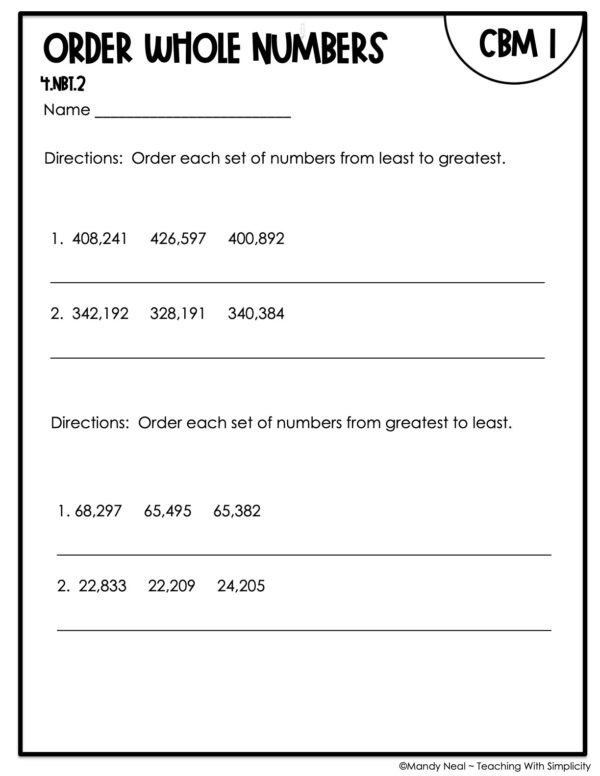 4th Grade Order Whole Numbers Intervention Assessment 1