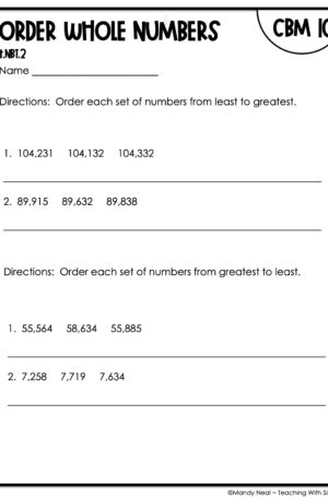 4th Grade Order Whole Numbers Intervention Assessment 10