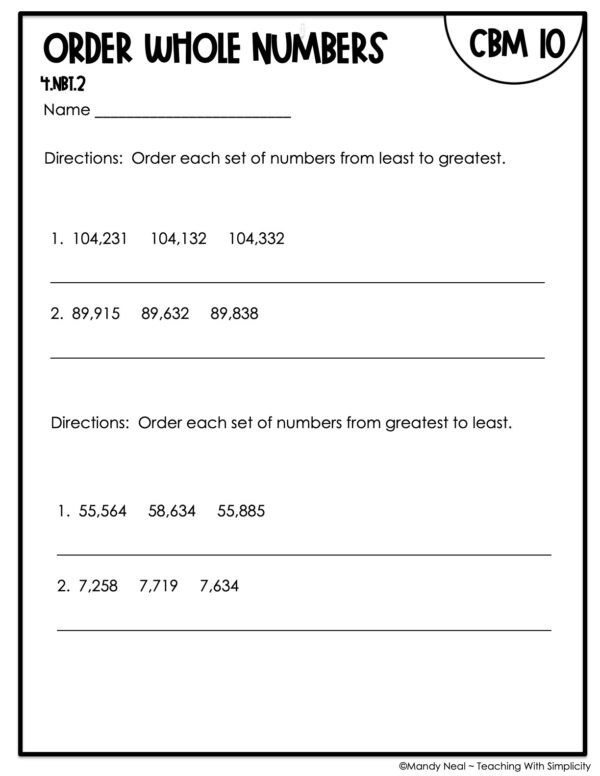 4th Grade Order Whole Numbers Intervention Assessment 10