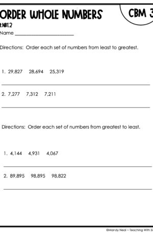 4th Grade Order Whole Numbers Intervention Assessment 3