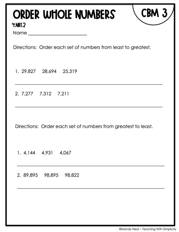 4th Grade Order Whole Numbers Intervention Assessment 3