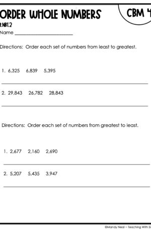 4th Grade Order Whole Numbers Intervention Assessment 4