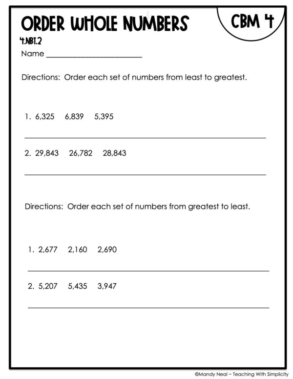 4th Grade Order Whole Numbers Intervention Assessment 4