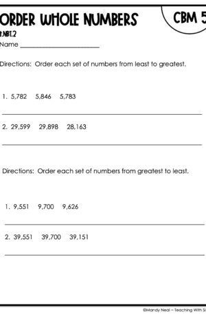 4th Grade Order Whole Numbers Intervention Assessment 5