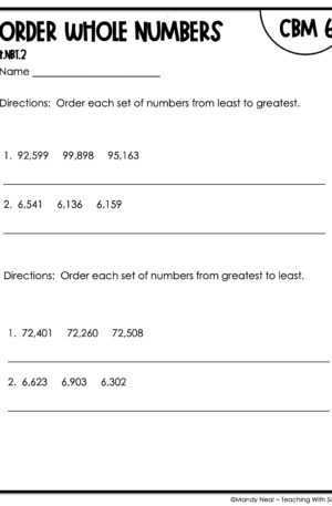 4th Grade Order Whole Numbers Intervention Assessment 6