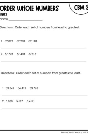 4th Grade Order Whole Numbers Intervention Assessment 8