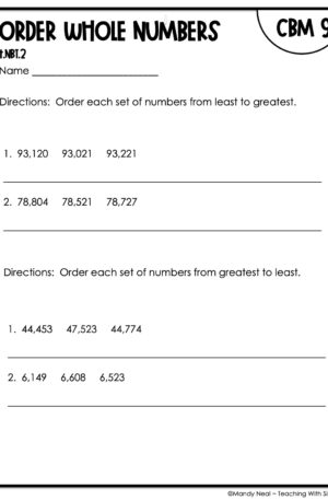 4th Grade Order Whole Numbers Intervention Assessment 9