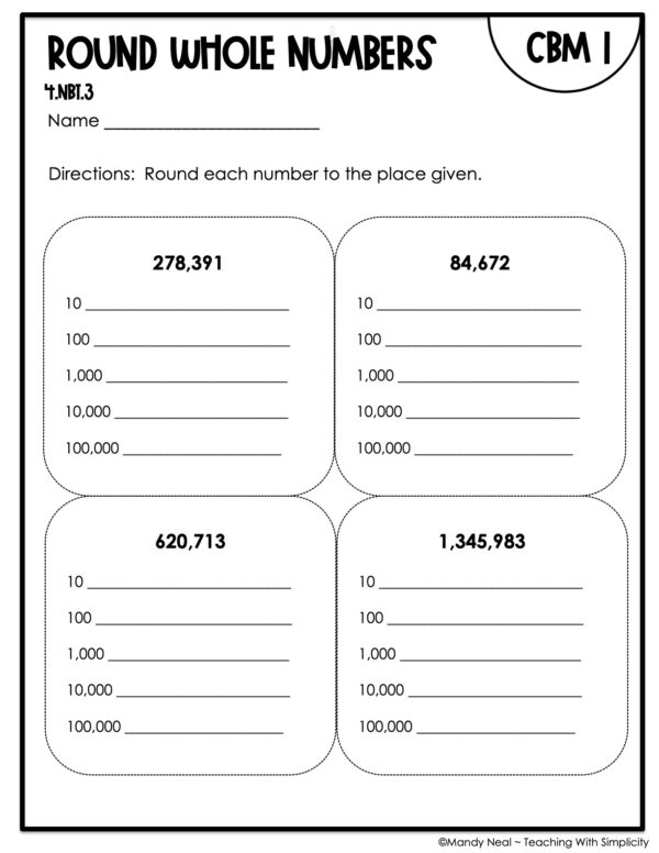 4th Grade Round Whole Numbers Intervention Assessment 1