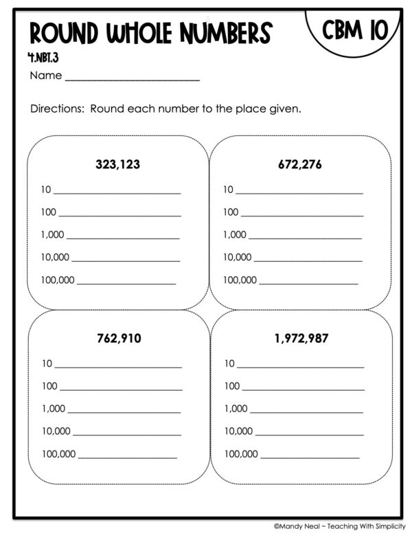 4th Grade Round Whole Numbers Intervention Assessment 10