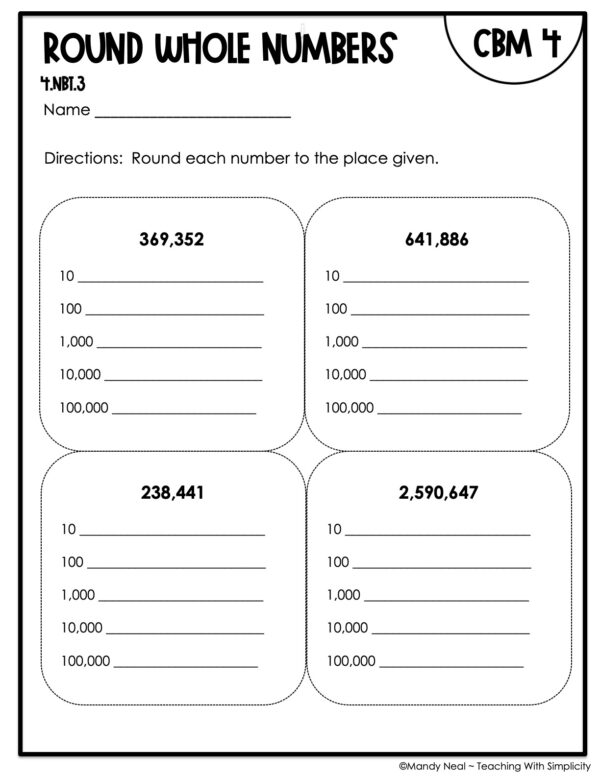 4th Grade Round Whole Numbers Intervention Assessment 4