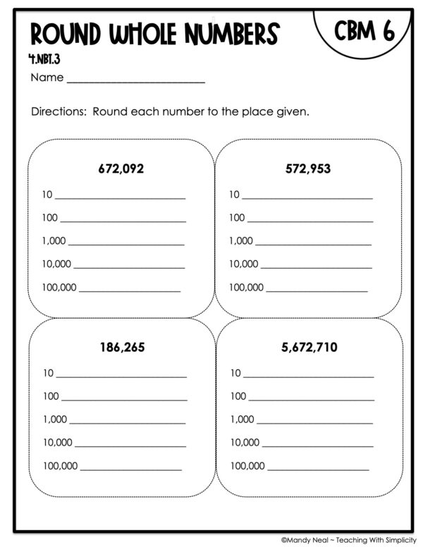 4th Grade Round Whole Numbers Intervention Assessment 6