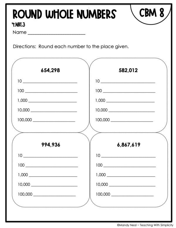 4th Grade Round Whole Numbers Intervention Assessment 8