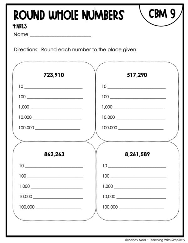 4th Grade Round Whole Numbers Intervention Assessment 9