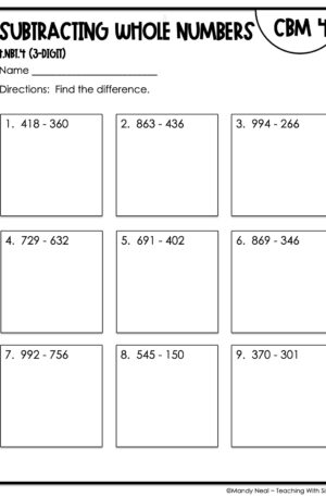4th Grade Subtracting Whole Numbers (3-Digit) Intervention Assessment 4