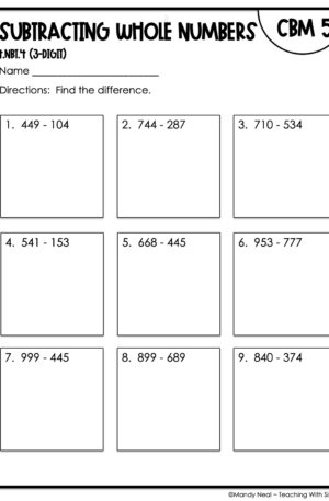 4th Grade Subtracting Whole Numbers (3-Digit) Intervention Assessment 5