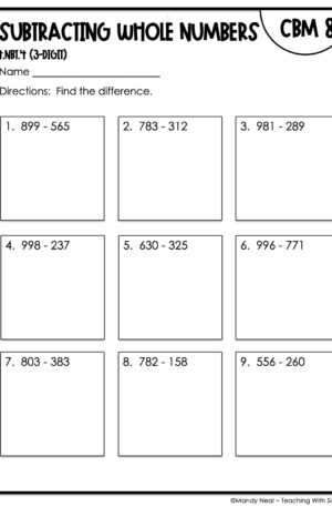 4th Grade Subtracting Whole Numbers (3-Digit) Intervention Assessment 8