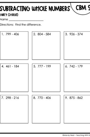 4th Grade Subtracting Whole Numbers (3-Digit) Intervention Assessment 9