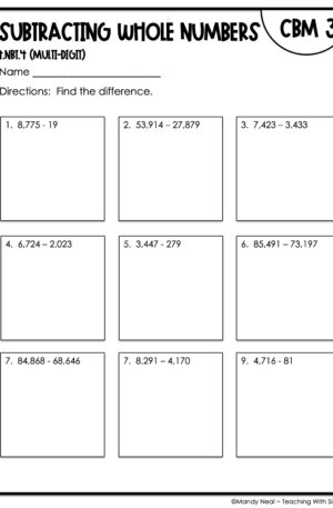 4th Grade Subtracting Whole Numbers (Multi-Digit) Intervention Assessment 3