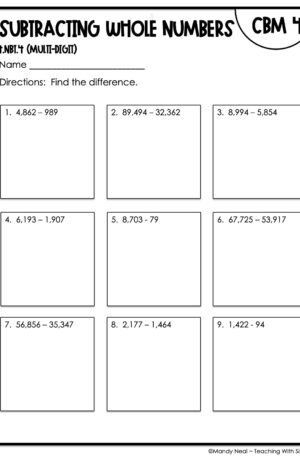 4th Grade Subtracting Whole Numbers (Multi-Digit) Intervention Assessment 4