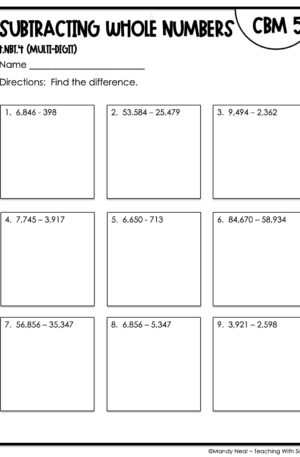 4th Grade Subtracting Whole Numbers (Multi-Digit) Intervention Assessment 5